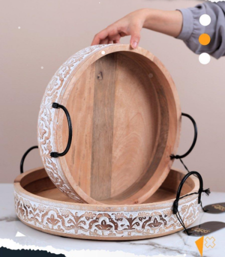 صينية دائري خشبي  منقش حجم صغير RAFEEF 6